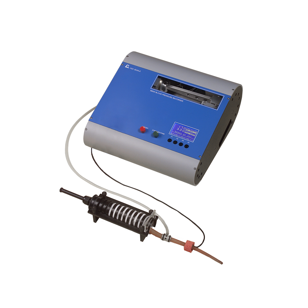 Blood Pressure Recorder-Non Invasive, shown with a mouse in its holder and the pressure generator (proximal) and the piezo sensor (distal)