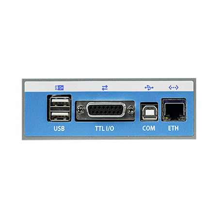 Front view of the device ports (the USB is used to save data in .csv and upload animal vivarium, the TTL allows for synchronization with other devices, while the ethernet is used for maintenance and troubleshooting